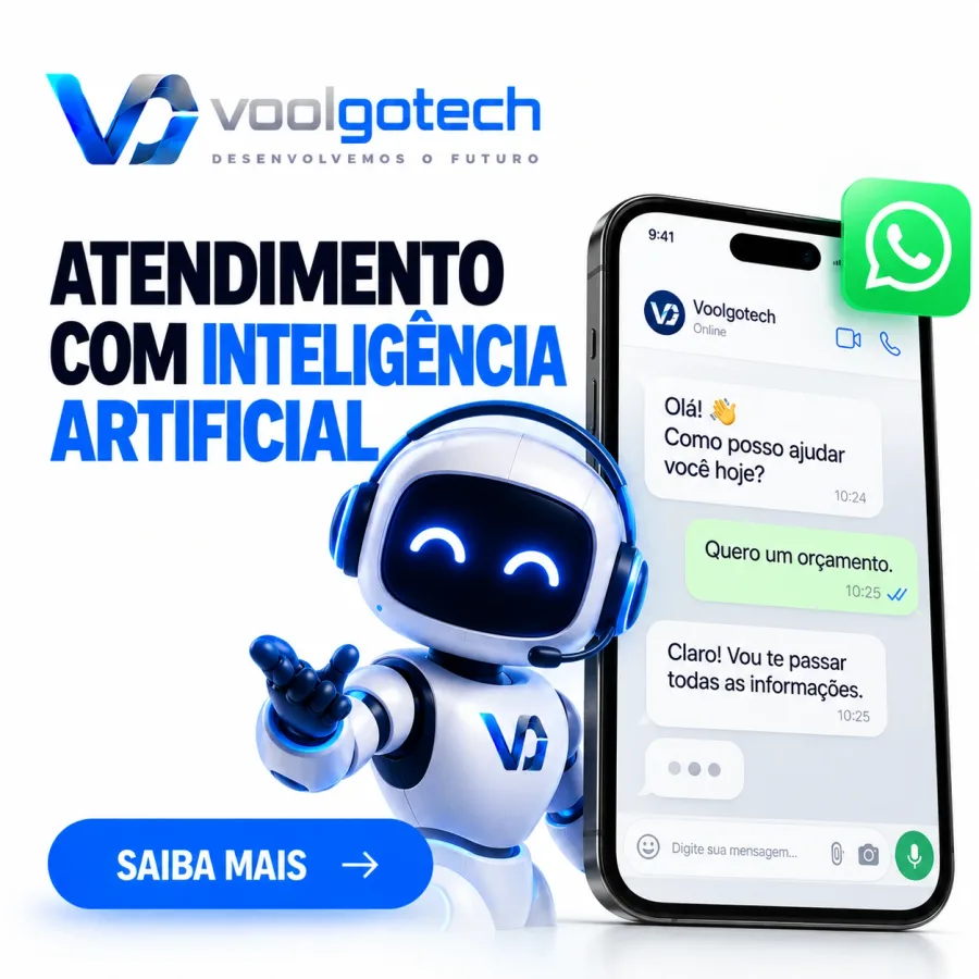 Arte “Atendimento com inteligência artificial”: o mascote da Voolgotech ao lado de uma conversa no WhatsApp.