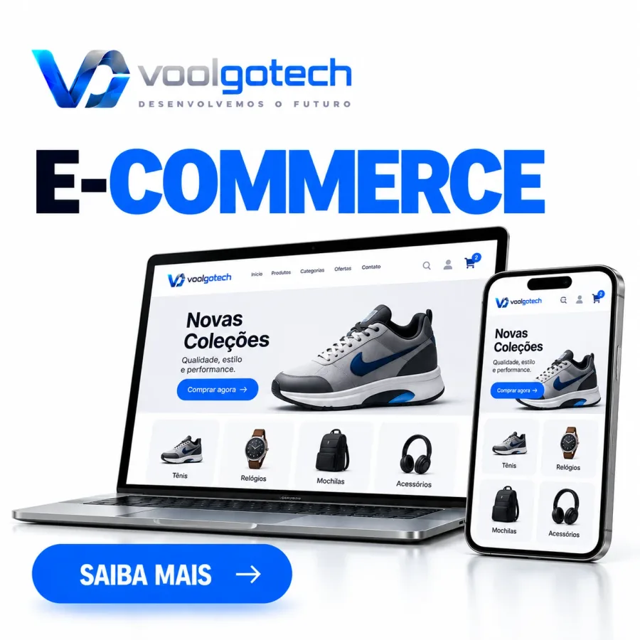 Arte “E-commerce”: loja virtual de exemplo da Voolgotech aberta no notebook e no celular.